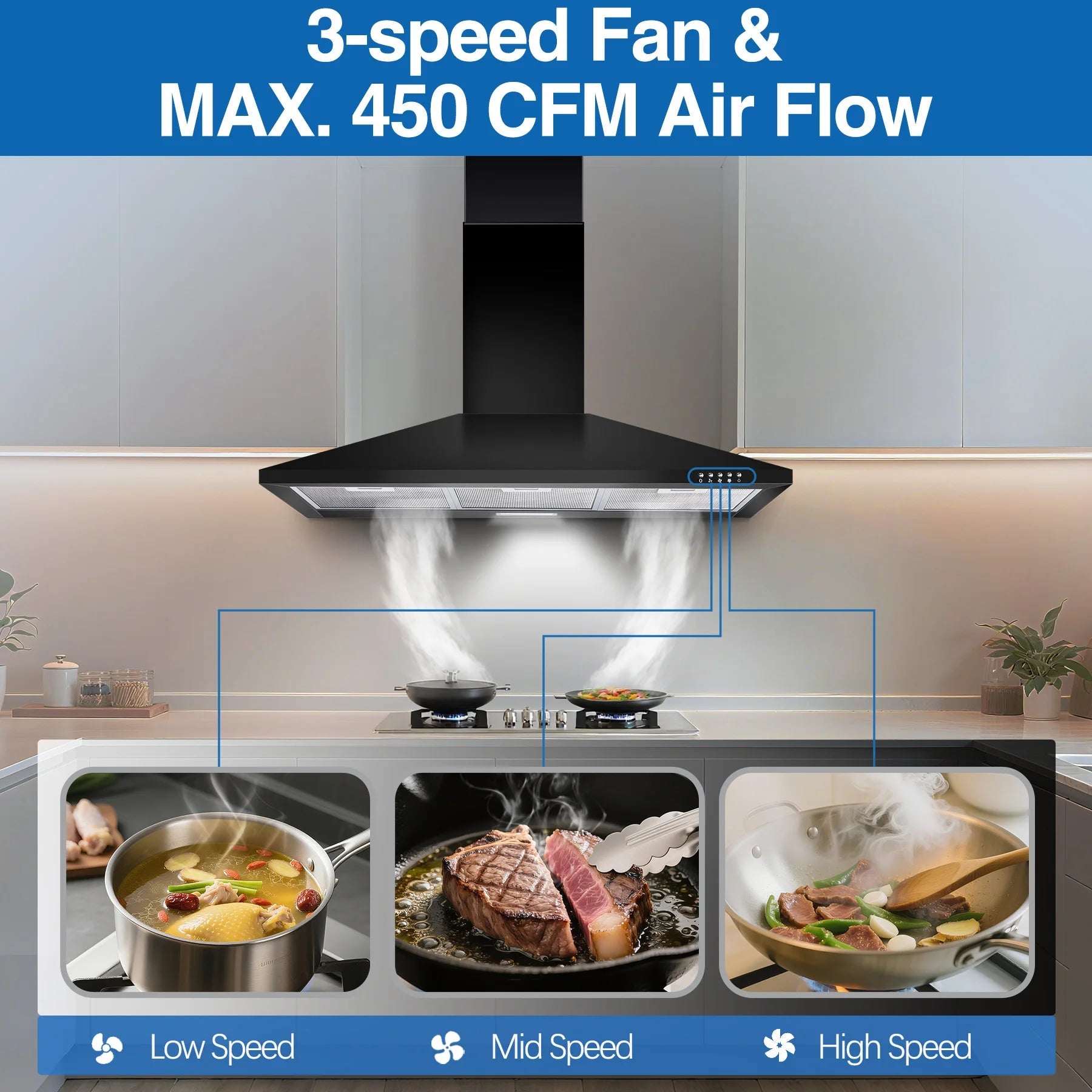 36 Inch Range Hood, 450CFM Wall Mount Stainless Steel Kitchen Vent Hood - 3 - Speed Exhaust Fan, LED Light & Push Button Control - The Oasnin
