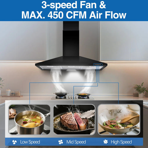 36 Inch Range Hood, 450CFM Wall Mount Stainless Steel Kitchen Vent Hood - 3 - Speed Exhaust Fan, LED Light & Push Button Control - The Oasnin